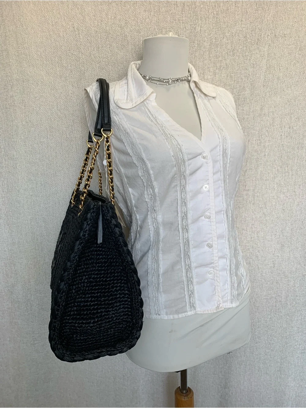 NEW Tory Burch Ella Melange Chain Strap Black Raffia Small Tote Bag